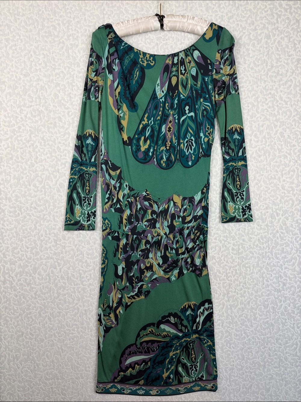 EMILIO PUCCI Dress Rayon Green Printed Long Sleeve Midi Dress Vintage Sz. 2-4 - Picture 4 of 13